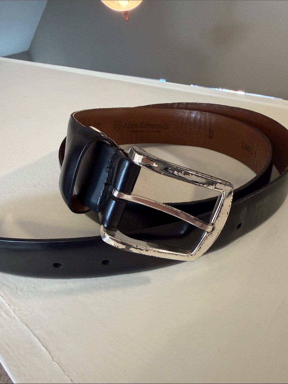 Allen Edmonds Black Leather Belt with Silver Buckle